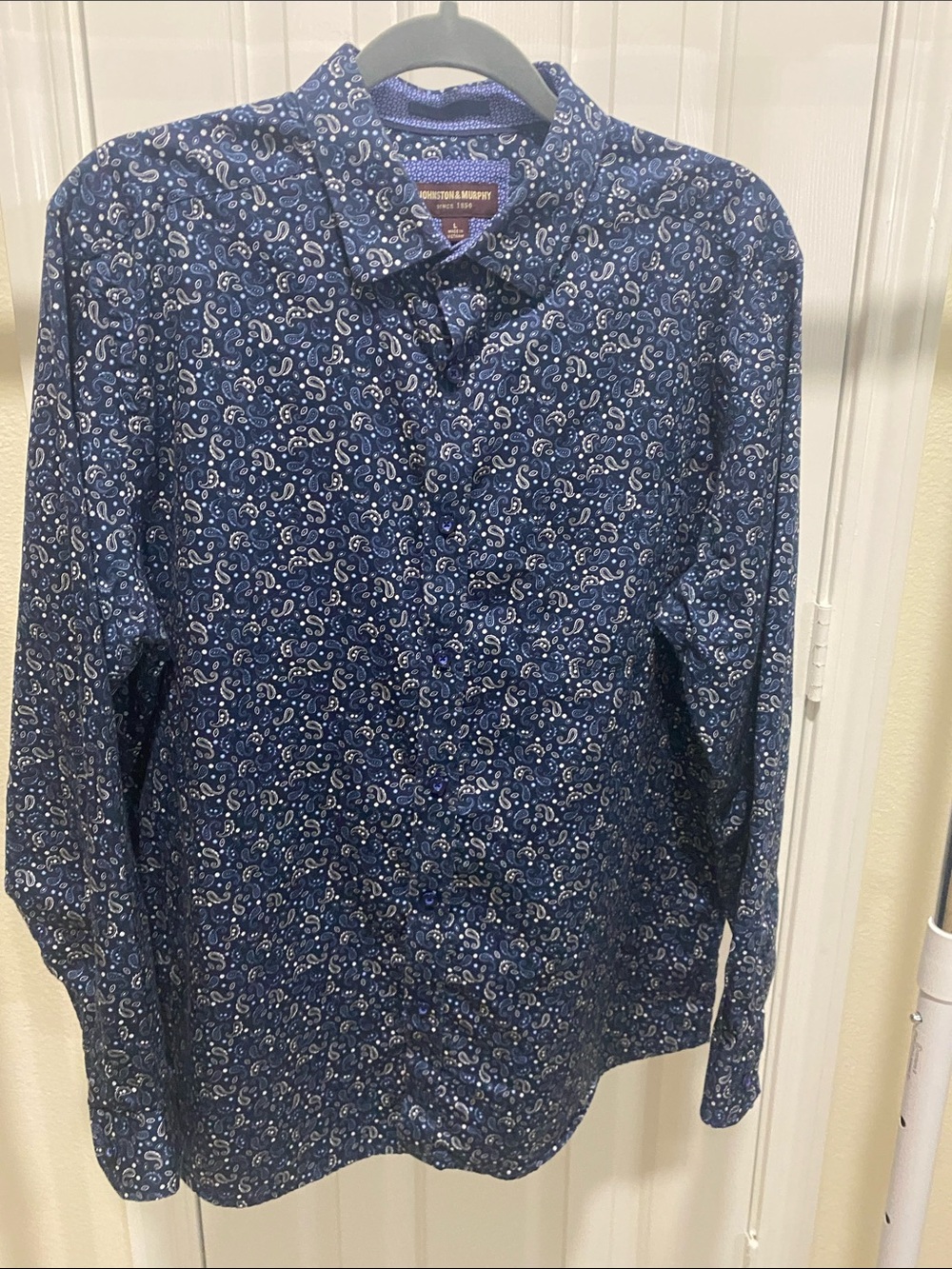 Johnston & Murphy Navy Paisley Long-Sleeve Button Down Shirt 100% Cotton Size L